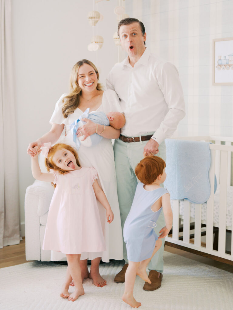 silly picture of family of five during their family in home session in Dallas