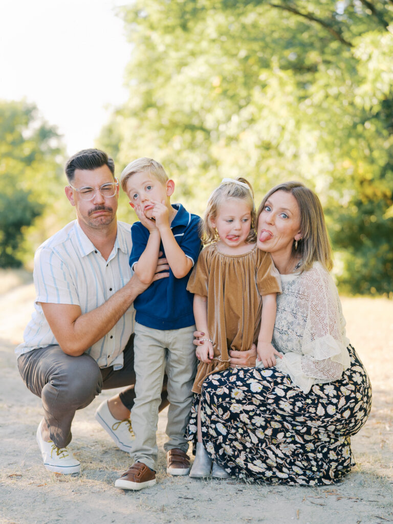 family doing silly faces during their dallas spring family session